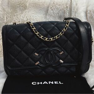 Chanel CC Filigree Flap Bag in Black Caviar Leather